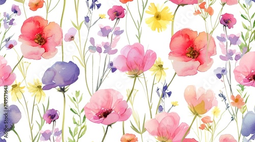 Cute feminine watercolor seamless pattern with wildflowers © CREATIVE STOCK