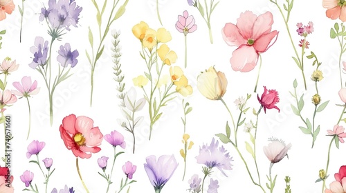 Cute feminine watercolor seamless pattern with wildflowers