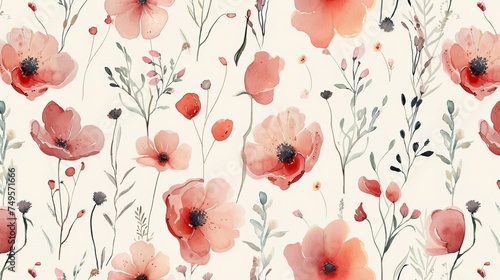 Cute feminine watercolor seamless pattern with wildflowers