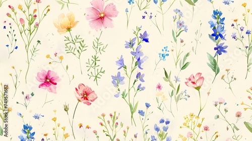 Cute feminine watercolor seamless pattern with wildflowers #749571682