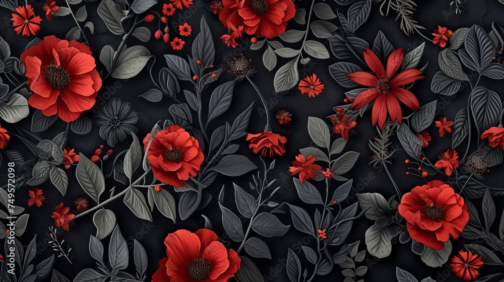Fatal dark pattern with red flowers on a dark background with wildflowers siduets Fatal dark pattern with red flowers on a dark background with wildflowers siduets