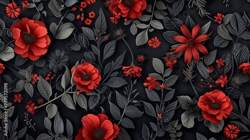 Fatal dark pattern with red flowers on a dark background with wildflowers siduets