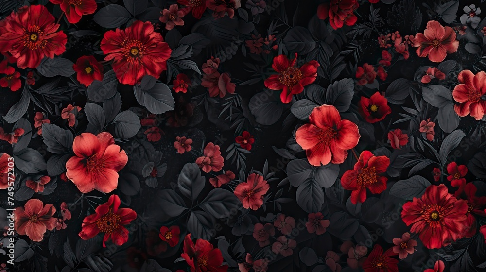 Fatal dark pattern with red flowers on a dark background with wildflowers siduets Fatal dark pattern with red flowers on a dark background with wildflowers siduets