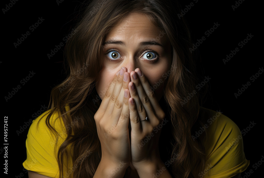 Young woman in yellow top, displaying wide-eyed surprise. Hands covering her mouth against a black background. Ideal for campaigns conveying shock, excitement, or unexpected news. Young woman in yellow top, displaying wide-eyed surprise. Hands covering her mouth against a black background. Ideal for campaigns conveying shock, excitement, or unexpected news.