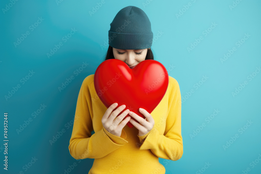 Young woman in a yellow sweater and gray beanie gently holding a bright red heart against a vibrant turquoise background. Ideal for love, affection, and warm sentiments. Young woman in a yellow sweater and gray beanie gently holding a bright red heart against a vibrant turquoise background. Ideal for love, affection, and warm sentiments.