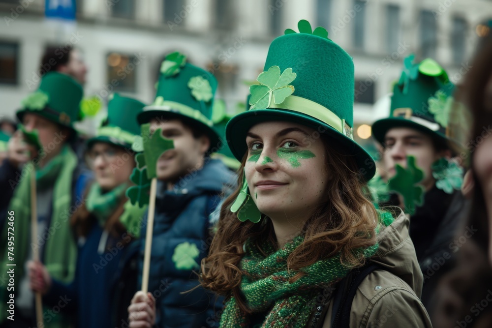 A group of people wearing green hats and holding shamrock banners, marching in a parade.