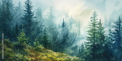 spruce forest foggy fir forest watercolor landscape