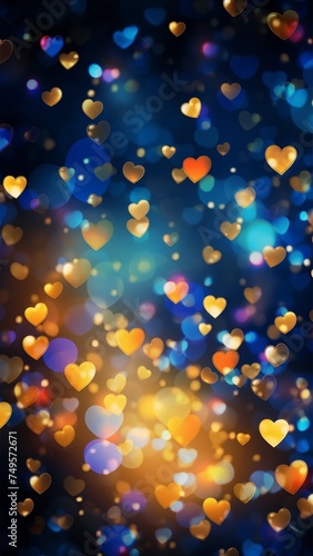 Dark vertical Abstract bokeh glitter background with small sparkling blue and gold colorful hearts.
