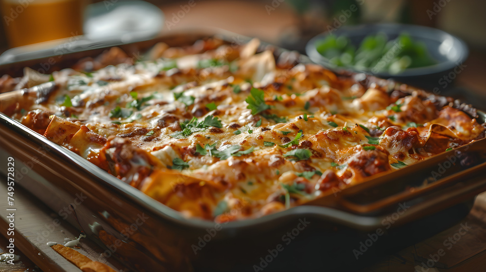 Homemade cheesy lasagna in baking dish Homemade cheesy lasagna in baking dish