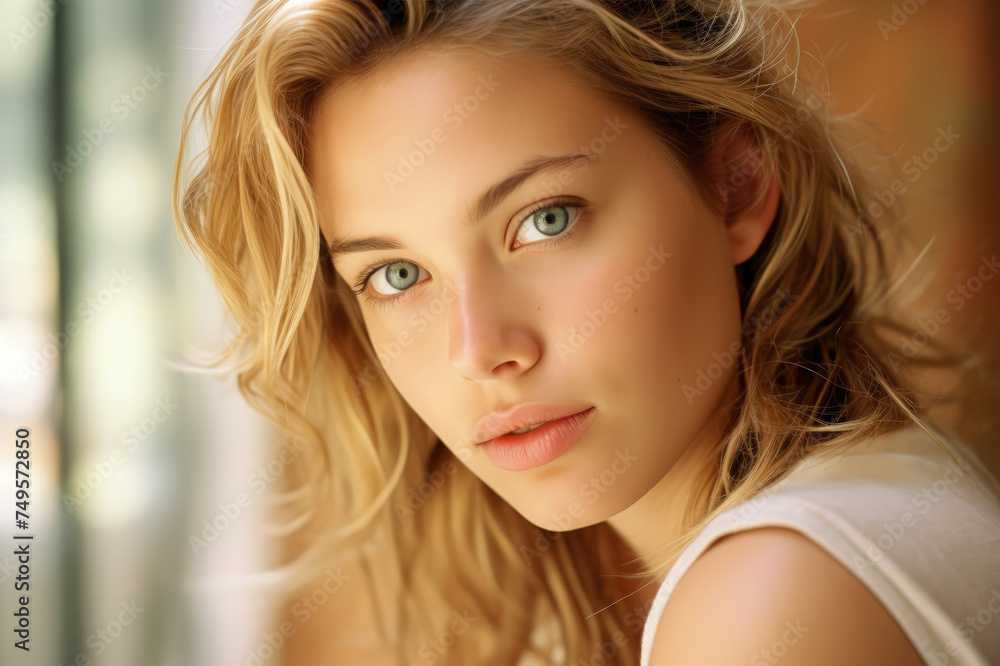 Fototapeta premium Close-up of a young woman with striking green eyes and wavy blonde hair.
