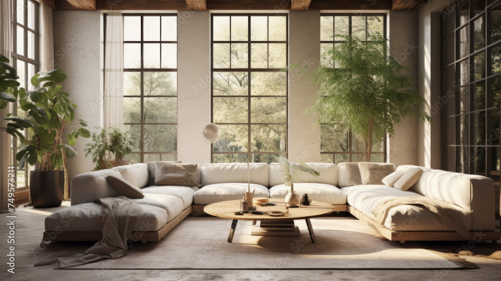 A chic living room with a Biophilic design, showcasing neutral colors, natural textures, and plenty of plants