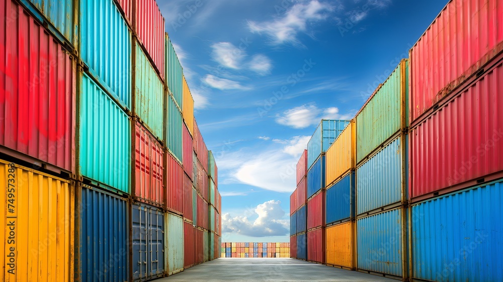 Fototapeta premium Stacked cargo containers in the storage area of freight sea port terminal