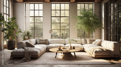 A chic living room with a Biophilic design, showcasing neutral colors, natural textures, and plenty of plants © Textures & Patterns