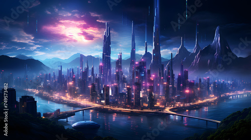 A futuristic cityscape featuring neon lights. Generative AI