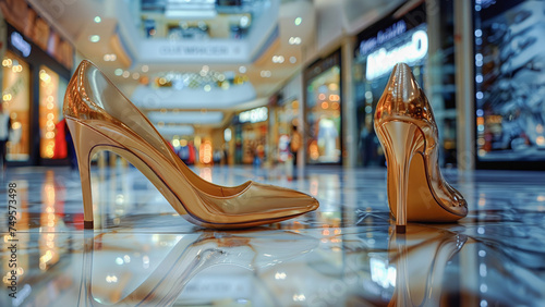 A photo of gold high heels standing in the middle of a shopping centre.