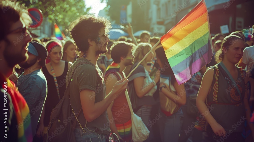 rainbow flan in a gay parada in a modern city - obrazy, fototapety, plakaty 