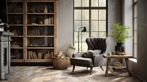 A chic living room with textured walls and a mix of modern and vintage furniture, including a grey armchair and a wooden accent table