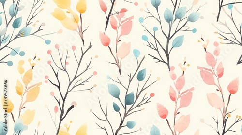 light seamless pattern with branches hand drawn paint