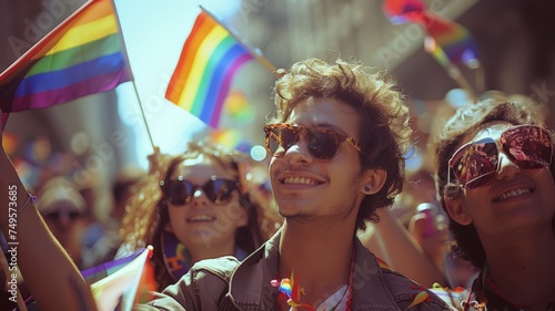 close up of man in pride month, group of people in the city with rainbow flags