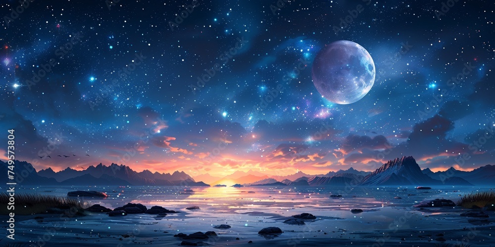 A vivid and majestic night sky with a bright moon, stars, and a dreamy, cosmic atmosphere.