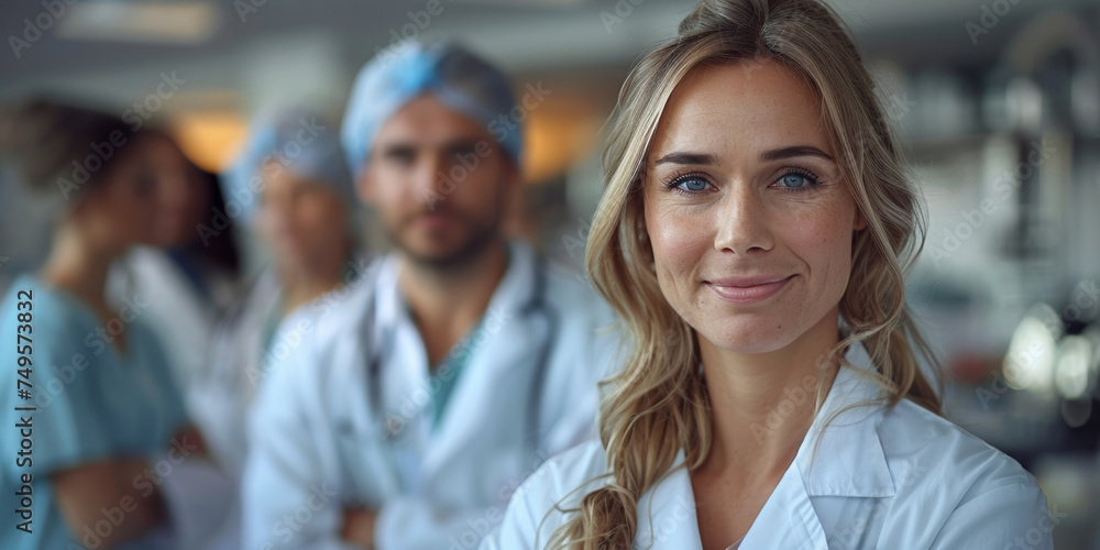 A smiling and confident pediatrician in a hospital, part of a healthcare team. A smiling and confident pediatrician in a hospital, part of a healthcare team.
