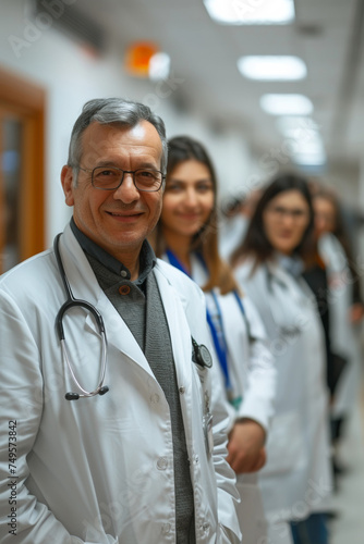 A confident, happy medical team led by a mature man in a hospital setting.