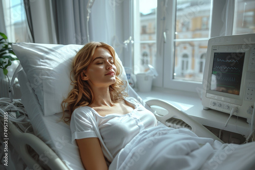 A patient woman in a hospital bed with a cardio monitor, resting and dreaming.