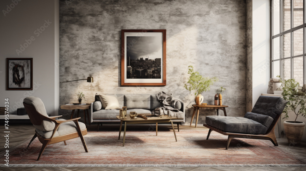 A chic living room with textured walls and a mix of modern and vintage furniture, including a grey armchair and a wooden accent table