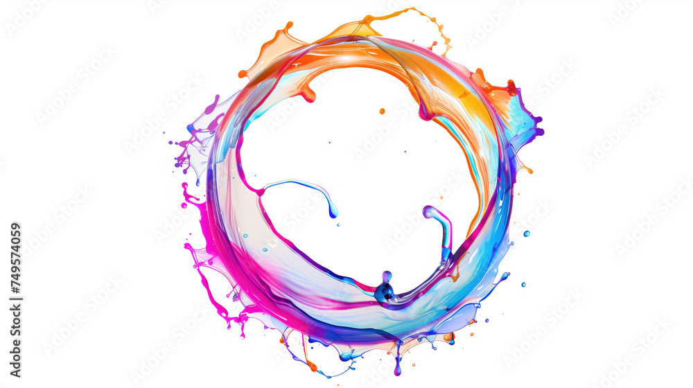 Obraz premium Vibrant paint splashes twist in mid-air, forming a colorful, abstract circular pattern on a white background.