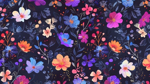 Night feminine seamless pattern with hand drawn paint wildflowers on dark background 