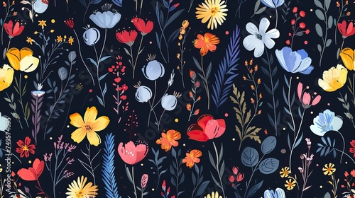 Wallpaper Mural Night feminine seamless pattern with hand drawn paint wildflowers on dark background  Torontodigital.ca