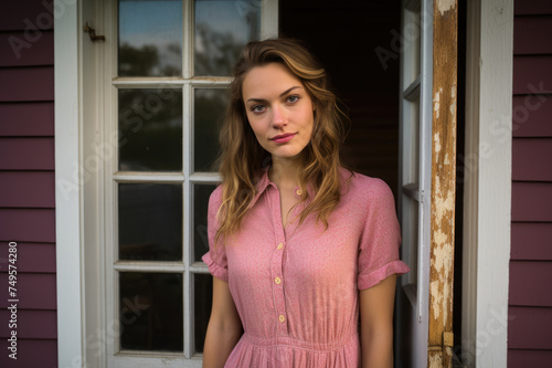 Young woman in pink dress stands contemplatively beside rustic window, exuding vintage charm.