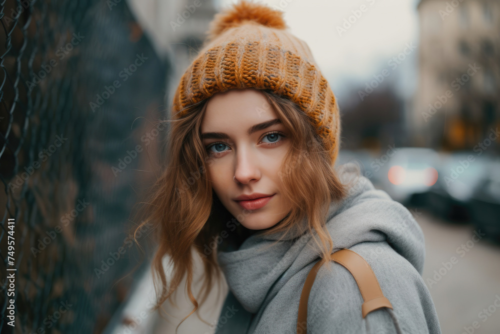 Urban style portrait, young woman with knit hat, captivating eyes, city backdrop. Urban style portrait, young woman with knit hat, captivating eyes, city backdrop.