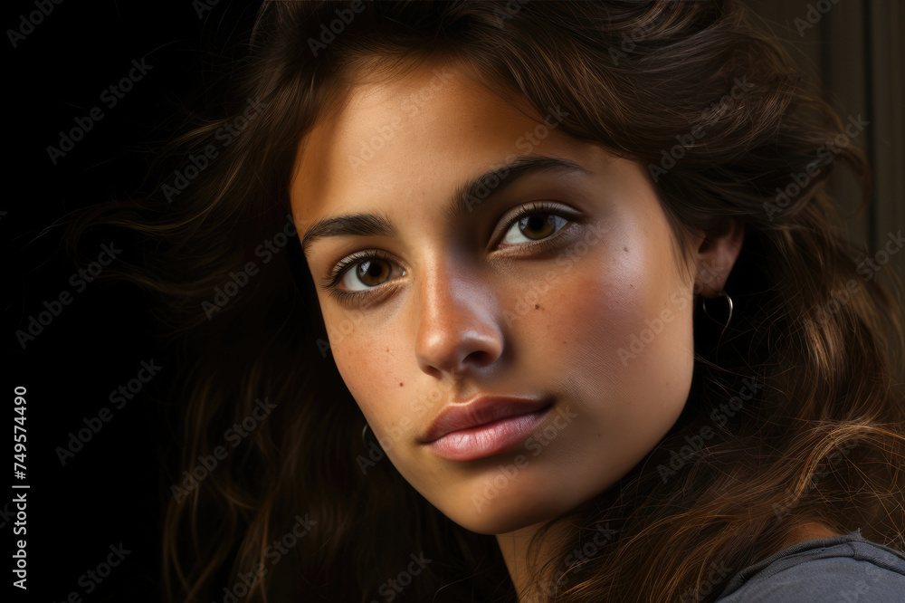 Portrait of a young woman with flowing hair and a subtle smile. Portrait of a young woman with flowing hair and a subtle smile.