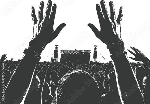 Silhouette hands raised at a music festival black color only
