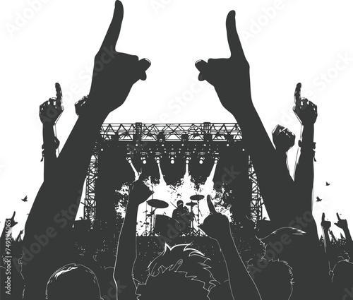 Silhouette hands raised at a music festival black color only