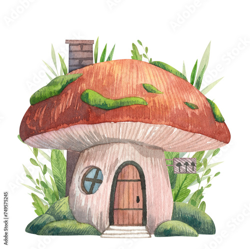 Fairy tale mushroom house illustration. Hand drawn watercolor mushroom with door and windows, green leaves and bushes, moss, chimney. Children illustration for postcard, greeting card, book