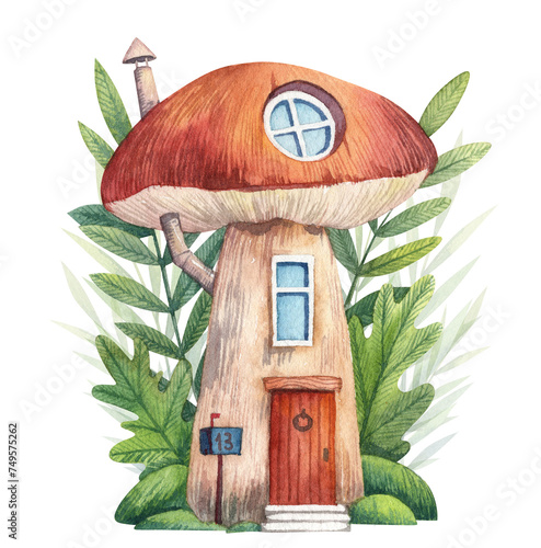 Fairy tale mushroom house illustration. Hand drawn watercolor mushroom with door and windows, green leaves and bushes, moss, chimney. Children illustration for postcard, greeting card, book
