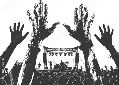 Silhouette hands raised at a music festival black color only