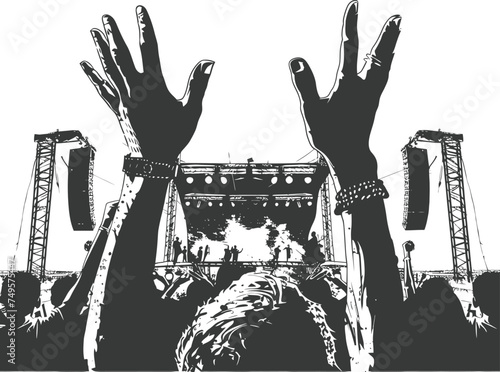 Silhouette hands raised at a music festival black color only
