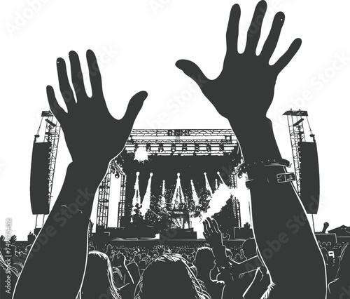 Silhouette hands raised at a music festival black color only