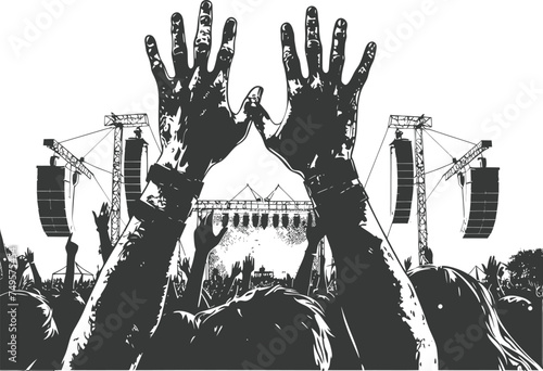 Silhouette hands raised at a music festival black color only
