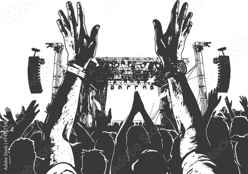 Silhouette hands raised at a music festival black color only