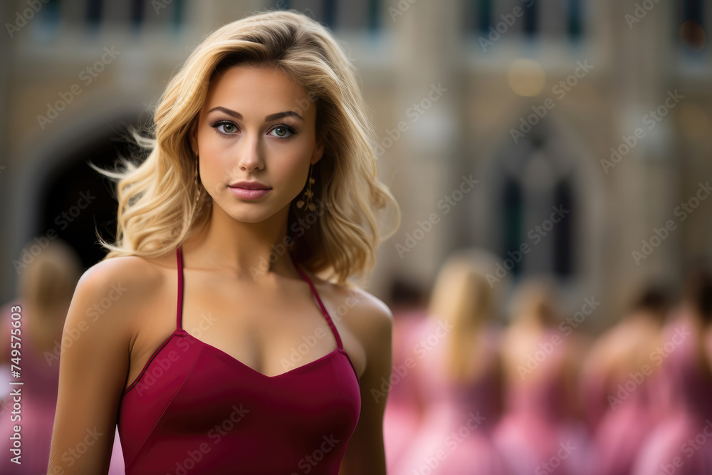 Portrait of a young woman with flowing blonde hair, striking blue eyes, and a maroon dress, exuding confidence and elegance against a blurred background.