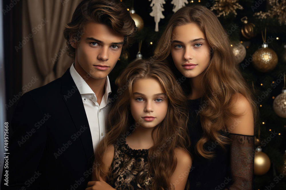 Graceful young siblings in formal wear by a Christmas tree.