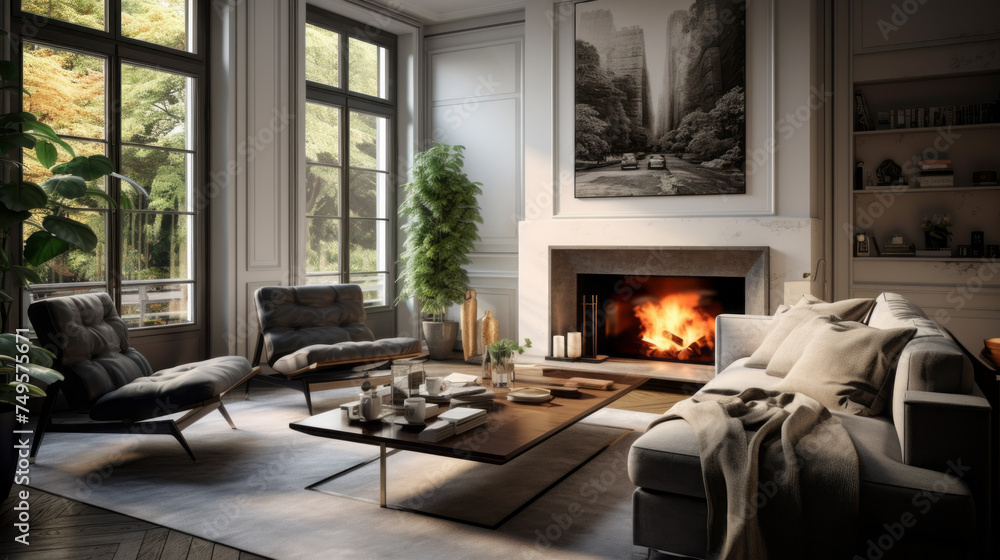 A chic living room with augmented reality furniture and a virtual fireplace