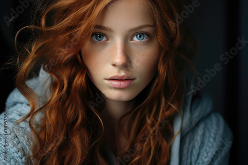 Portrait of young woman with striking blue eyes and curly red hair.