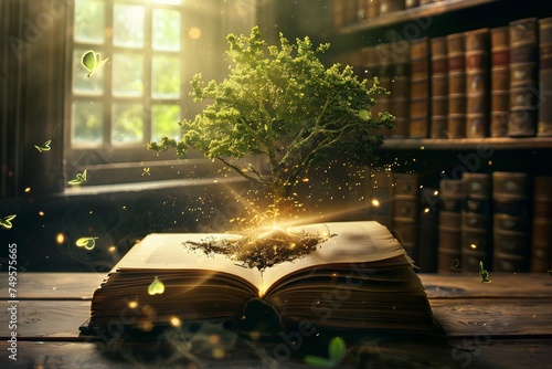 The concept of education by planting a tree of knowledge in the opening of an old book in the library and the magical magic of light that flies to the destination of success. Beautiful background