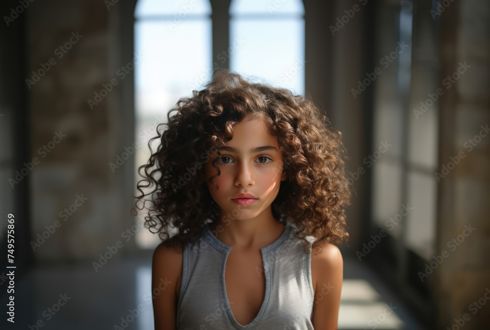 Young girl with voluminous curls and a thoughtful gaze by the window.