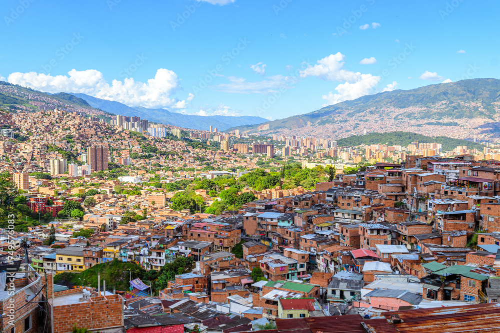 colorful streets of comuna 13 district in medellin, colombia